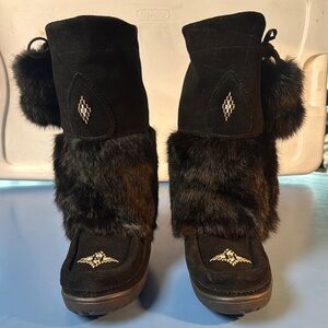 Black Suede Winter Boots/Mukluks with Fur Trim and Hand Beaded